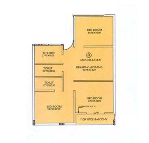Floor plan of 3 BHK 1248 Sq. Ft. Apartment in Sun AL 06, Kolkata