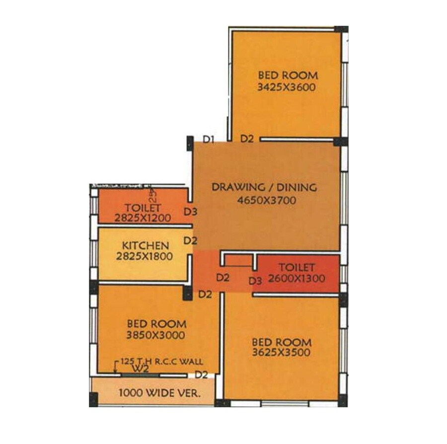 Floor plan of 3 BHK 1245 Sq. Ft. Apartment in Sun CD 73, Kolkata