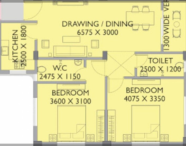 Floor plan of 2 BHK 1087 Sq. Ft. Apartment in Sun Dwarka, Kolkata
