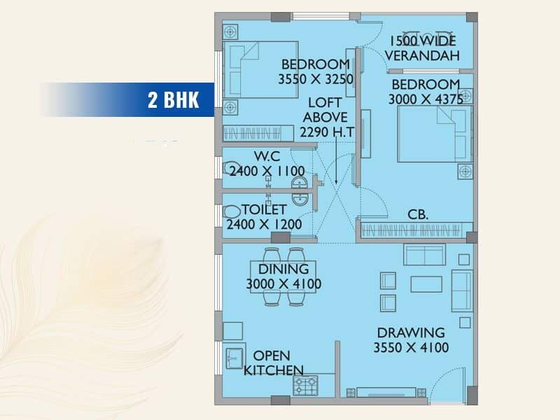 Floor plan of 2 BHK 935 Sq. Ft. Apartment in Sun Dwarka, Kolkata