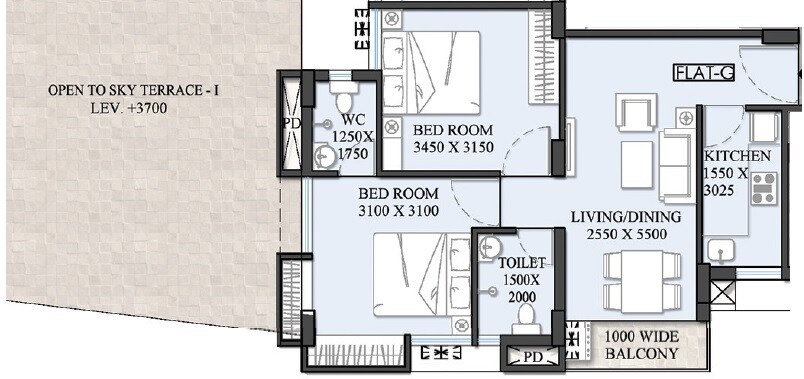 Floor plan of 2 BHK 981 Sq. Ft. Apartment in Sunshine Enclave New Town, Kolkata
