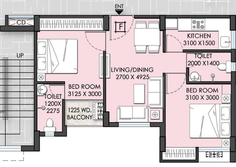 Floor plan of 2 BHK 1080 Sq. Ft. Apartment in Sunshine Enclave New Town, Kolkata