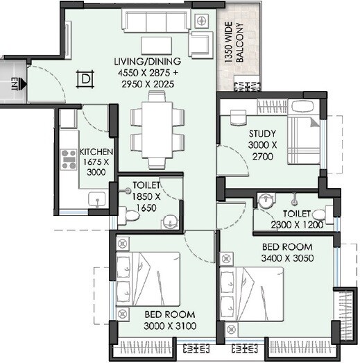 Floor plan of 2 BHK 1233 Sq. Ft. Apartment in Sunshine Enclave New Town, Kolkata