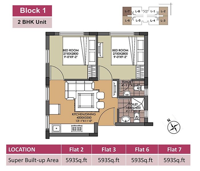 Floor plan of 2 BHK Apartment - 593 sq. ft. in Swan Green, Kolkata