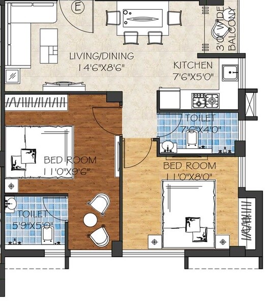 Floor plan of 2 BHK 779 Sq. Ft. Apartment in Swastic Atulalay, Kolkata