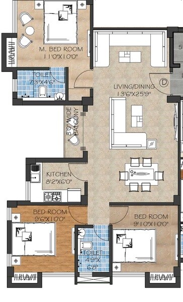 Floor plan of 3 BHK 1295 Sq. Ft. Apartment in Swastic Atulalay, Kolkata