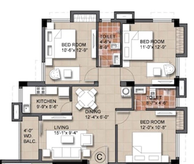 Floor plan of 3 BHK 1233 Sq. Ft. Apartment in Swastic Sheo, Kolkata