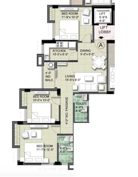 Floor plan of 3 BHK 1297 Sq. Ft. Apartment in Swastic Sheo, Kolkata