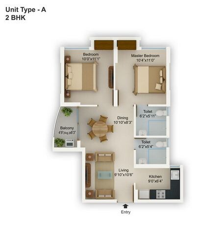 Floor plan of 2 BHK 891 Sq. Ft. Apartment in Tata Adwita, Kolkata