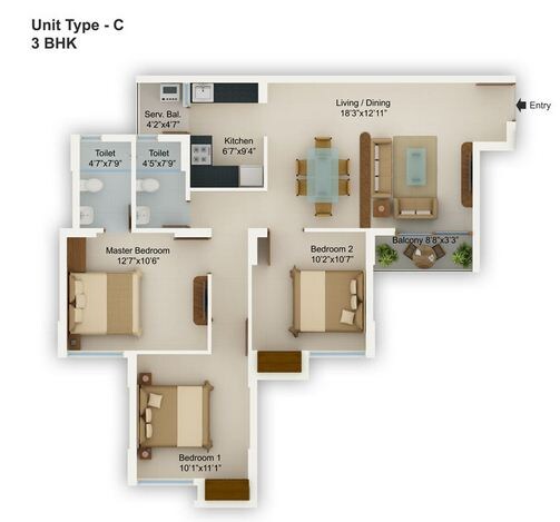 Floor plan of 3 BHK 1188 Sq. Ft. Apartment in Tata Adwita, Kolkata