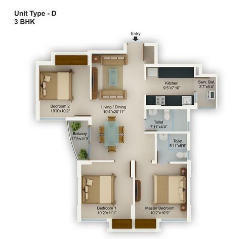 Floor plan of 3 BHK 1287 Sq. Ft. Apartment in Tata Adwita, Kolkata