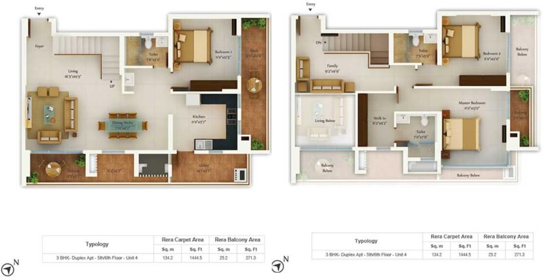 Floor plan of 3 BHK 1444 Sq. Ft. Apartment in Tata Avenida, Kolkata