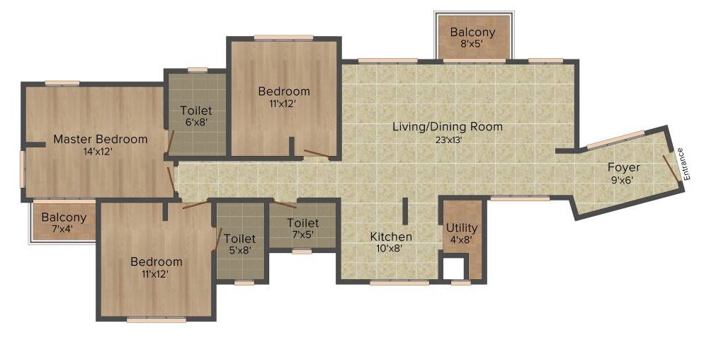 Floor plan of 3 BHK 1240 Sq. Ft. Apartment in Tata Eden Court II, Kolkata