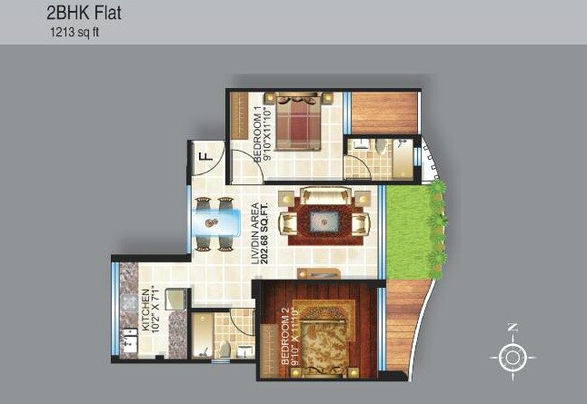 Floor plan of 2 BHK 1213 Sq. Ft. Apartment in Team Taurus Bellagio, Kolkata