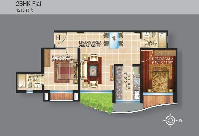 Floor plan of 2 BHK 1215 Sq. Ft. Apartment in Team Taurus Bellagio, Kolkata