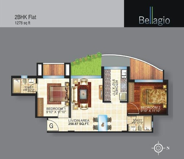 Floor plan of 2 BHK 1278 Sq. Ft. Apartment in Team Taurus Bellagio, Kolkata