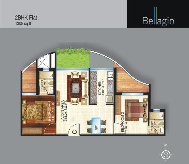 Floor plan of 2 BHK 1308 Sq. Ft. Apartment in Team Taurus Bellagio, Kolkata