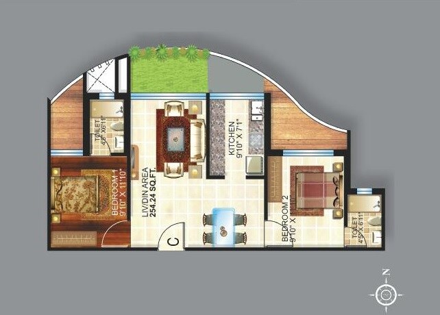 Floor plan of 2 BHK 1342 Sq. Ft. Apartment in Team Taurus Bellagio, Kolkata
