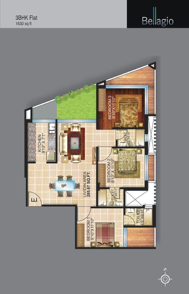Floor plan of 3 BHK 1630 Sq. Ft. Apartment in Team Taurus Bellagio, Kolkata