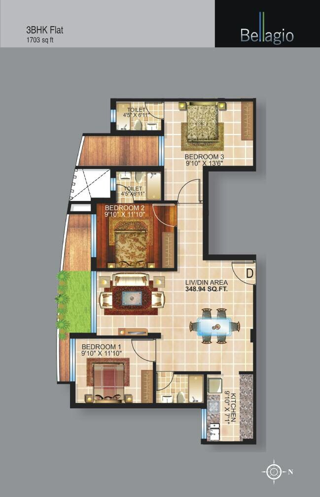 Floor plan of 3 BHK 1703 Sq. Ft. Apartment in Team Taurus Bellagio, Kolkata