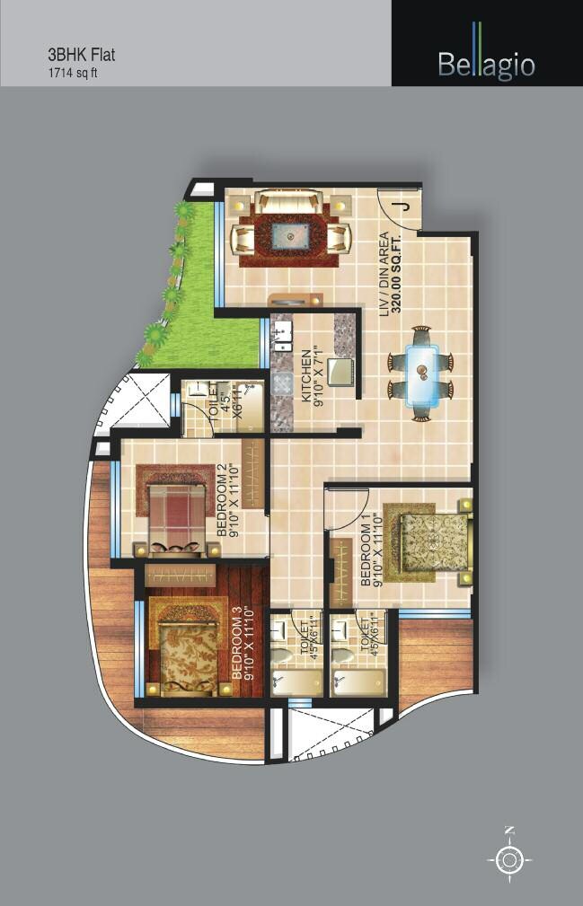 Floor plan of 3 BHK 1714 Sq. Ft. Apartment in Team Taurus Bellagio, Kolkata