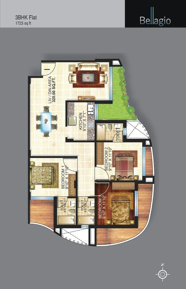 Floor plan of 3 BHK 1723 Sq. Ft. Apartment in Team Taurus Bellagio, Kolkata
