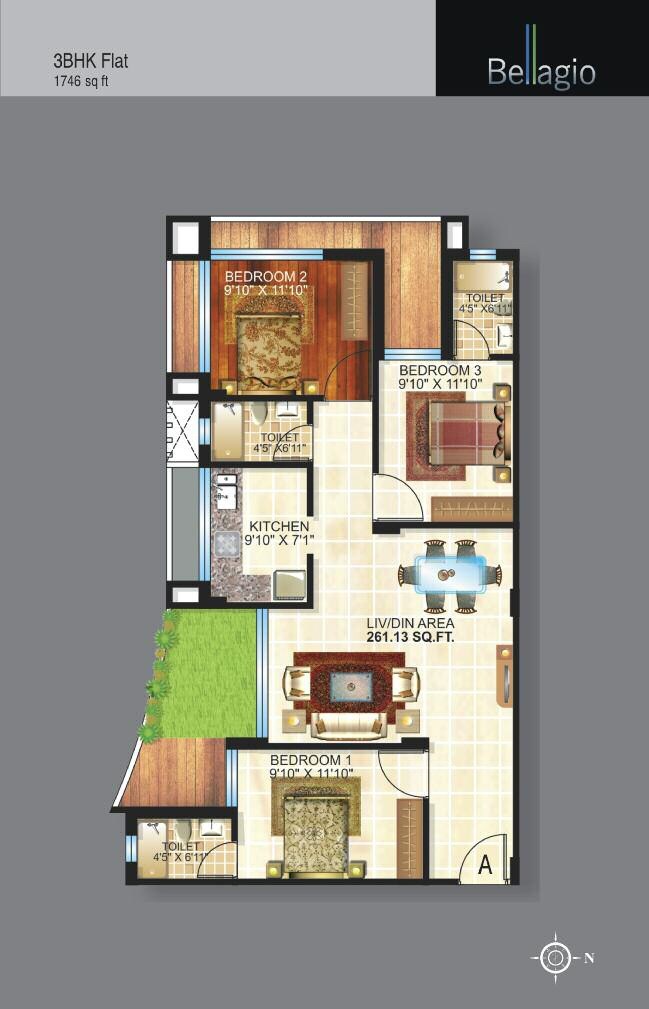 Floor plan of 3 BHK 1746 Sq. Ft. Apartment in Team Taurus Bellagio, Kolkata