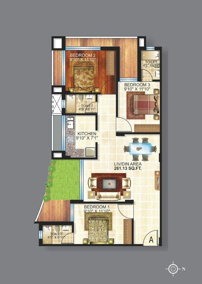Floor plan of 3 BHK 1799 Sq. Ft. Apartment in Team Taurus Bellagio, Kolkata