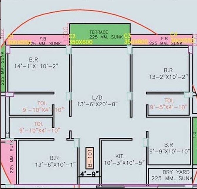 Floor plan of 4 BHK 1982 Sq. Ft. Apartment in Team Taurus Deja Vu, Kolkata