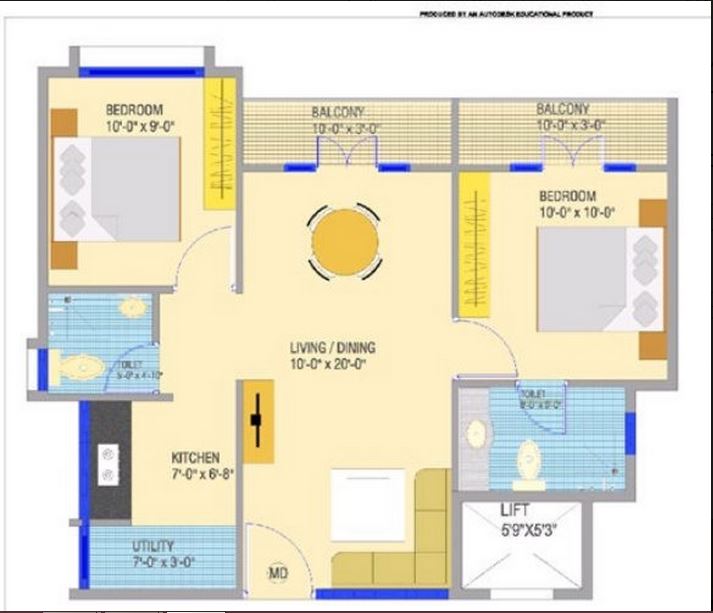 Floor plan of 2 BHK 1050 Sq. Ft. Apartment in Team Taurus Patther Panchali, Kolkata
