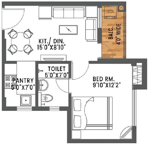 Floor plan of 1 BHK 558 Sq. Ft. Apartment in The Banyan Tree Rosetta, Kolkata