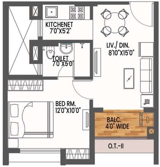 Floor plan of 1 BHK 565 Sq. Ft. Apartment in The Banyan Tree Rosetta, Kolkata