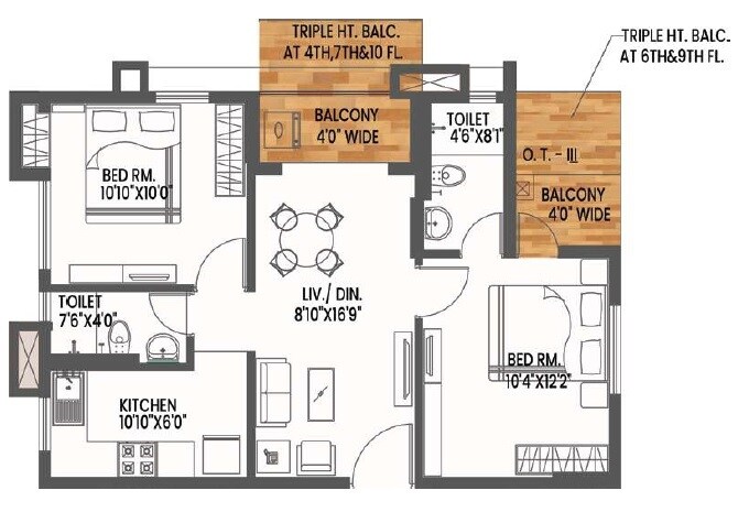 Floor plan of 2 BHK 915 Sq. Ft. Apartment in The Banyan Tree Rosetta, Kolkata
