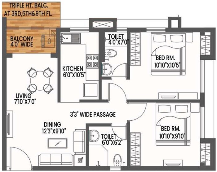 Floor plan of 2 BHK 930 Sq. Ft. Apartment in The Banyan Tree Rosetta, Kolkata