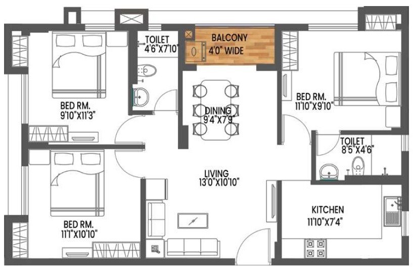 Floor plan of 3 BHK 1236 Sq. Ft. Apartment in The Banyan Tree Rosetta, Kolkata