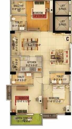 Floor plan of 3 BHK 1755 Sq. Ft. Apartment in Tilakratan Elysium, Kolkata