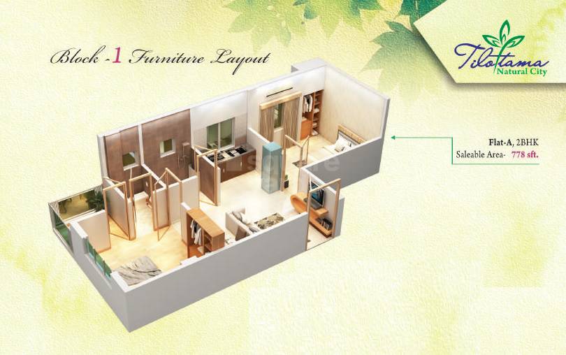 Floor plan of 2 BHK 778 Sq. Ft. Apartment in Tilottama Natural City, Kolkata