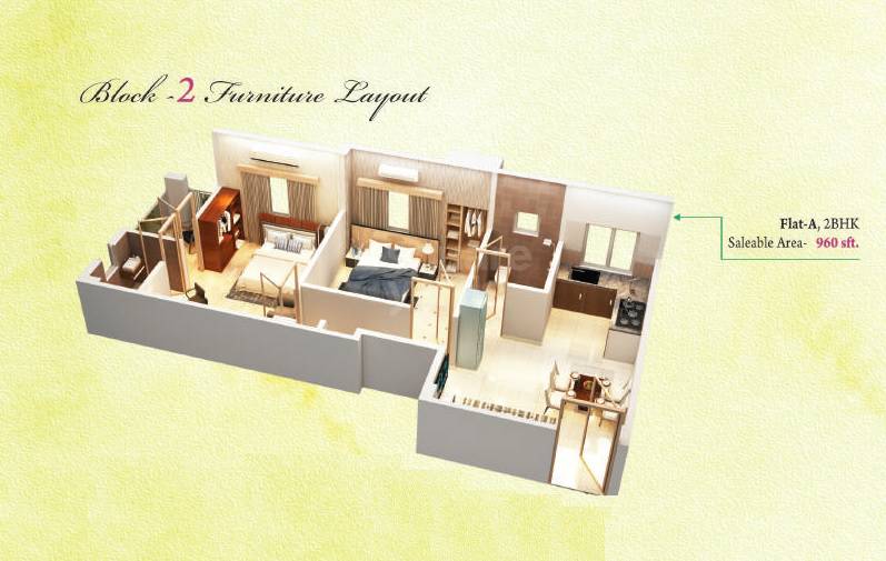 Floor plan of 2 BHK 960 Sq. Ft. Apartment in Tilottama Natural City, Kolkata