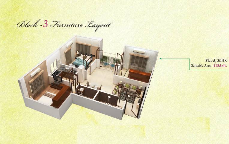 Floor plan of 3 BHK 1185 Sq. Ft. Apartment in Tilottama Natural City, Kolkata