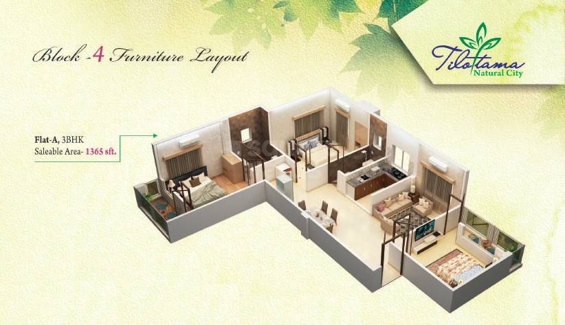 Floor plan of 3 BHK 1365 Sq. Ft. Apartment in Tilottama Natural City, Kolkata
