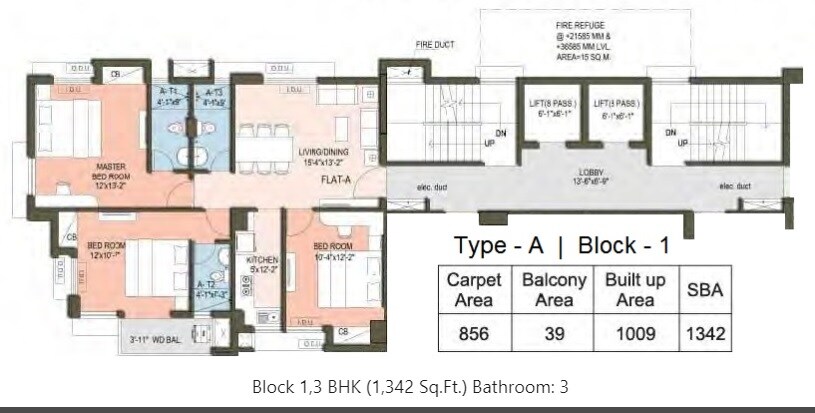 Floor plan of 3 BHK 1342 Sq. Ft. Apartment in Tirath Sunshine, Kolkata