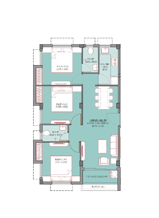 Floor plan of 3 BHK 1132 Sq. Ft. Apartment in Tirupati Rise, Kolkata