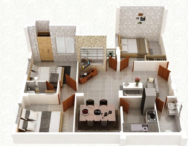 Floor plan of 3 BHK 1090 Sq. Ft. Apartment in TN Sanctum Palacio, Kolkata