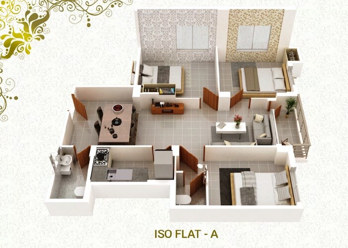 Floor plan of 3 BHK 985 Sq. Ft. Apartment in TN Sanctum Palacio, Kolkata