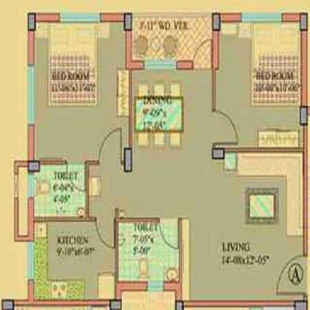 Floor plan of 2 BHK 1025 Sq. Ft. Apartment in Todi Sunny Skyline, Kolkata