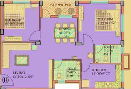 Floor plan of 2 BHK 1090 Sq. Ft. Apartment in Todi Sunny Skyline, Kolkata