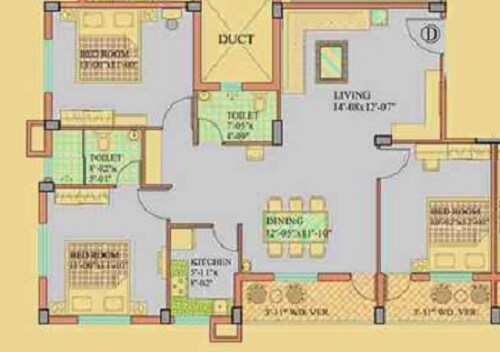 Floor plan of 3 BHK 1270 Sq. Ft. Apartment in Todi Sunny Skyline, Kolkata