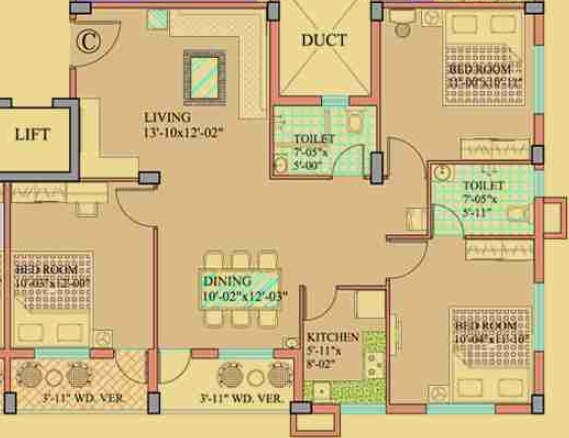 Floor plan of 3 BHK 1440 Sq. Ft. Apartment in Todi Sunny Skyline, Kolkata