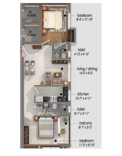 Floor plan of 2 BHK 931 Sq. Ft. Apartment in TPJ Lux Insignia, Kolkata