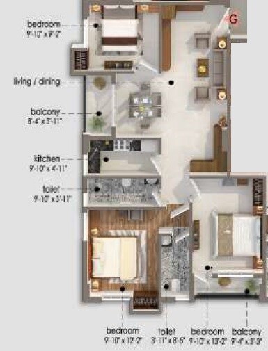 Floor plan of 3 BHK 1368 Sq. Ft. Apartment in TPJ Lux Insignia, Kolkata